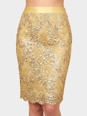 Escada Sequin Lace Pencil Skirt Gold Midi Vintage Glam Size 38